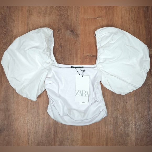NWT ZARA White Puff Short Sleeve Square Neck Ribbed Crop Top 1660/809 SMALL - Picture 9 of 11